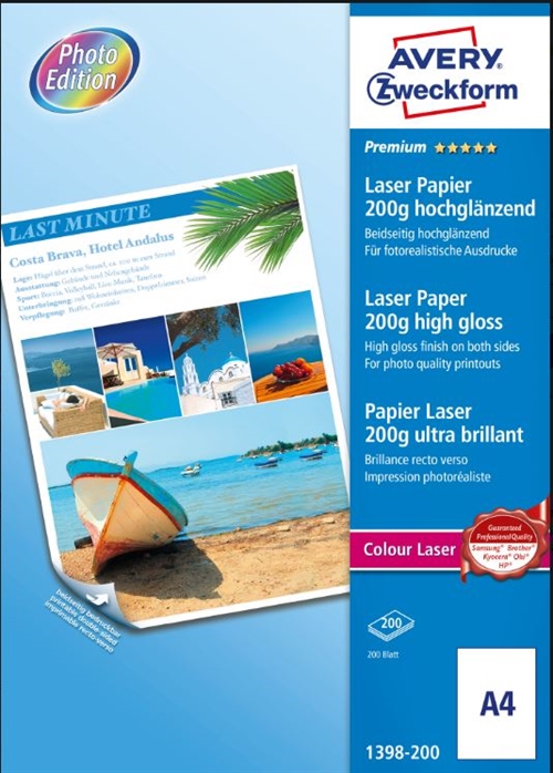 Avery 1398 laser fotopapir A4 200g premium glossy dobbeltsidet 200 ark