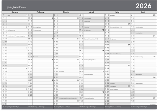 Mayland Basic kontorkalender m/whiteboard-funktion A2 2026 nr. 26268800