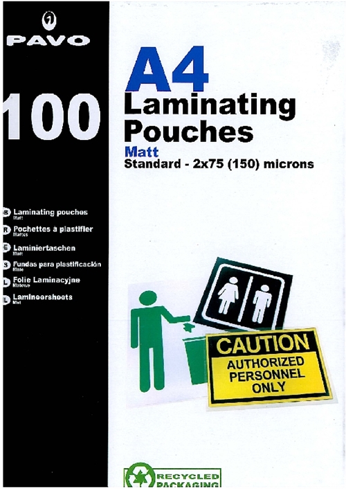 lamineringslomme A4 MAT 2x75mic. = 150mic., 100/pk.