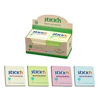 Stick'n Recycled Notes i display, 76x76mm, 12 blokke x 100ark, 4 farver