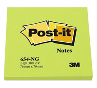 3M Post-it blokke 654NG Neon Grøn, 76 x 76mm. 6 bl pr. pk.