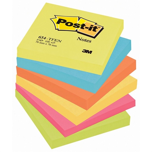 3M Post-it blokke 654TFEN Energetic, 76 x 76mm. 6 bl pr. pk.