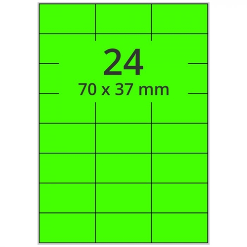 Selvklæbende farvede etiketter 70x37 mm, grøn, A4 ark - 24 pr. ark - 100 ark