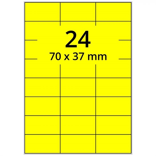 Selvklæbende farvede etiketter 70x37 mm, gul, A4 ark - 24 pr. ark - 100 ark