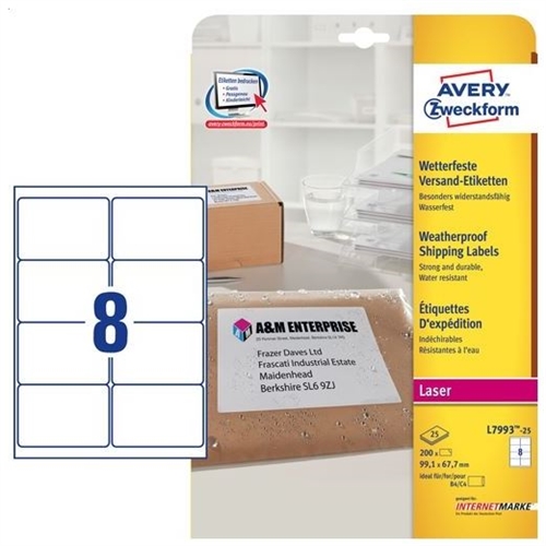 Avery Shipping Etiket, 99,1 x 67,7mm,  L7993-25, vejrbestandig, hvid