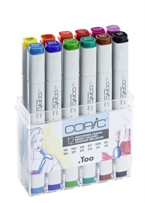 COPIC marker sæt Lysende Farver med 12 stk. leveres i plastdisplay