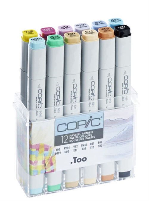 COPIC marker sæt Pastel Farver med 12 stk. leveres i plastdisplay