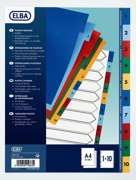 Elba registre 1-10 A4 farvet, 25 sæt pr. pk.