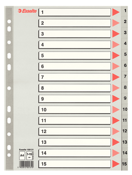 Esselte registre PP 1:15, A4, grå plast