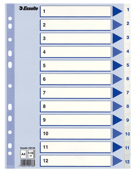 Esselte registre PP 1:12, A4, HVID, m/karton forblad