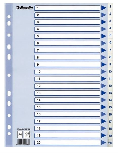 Esselte registre PP 1:20, A4, HVID, m/karton forblad