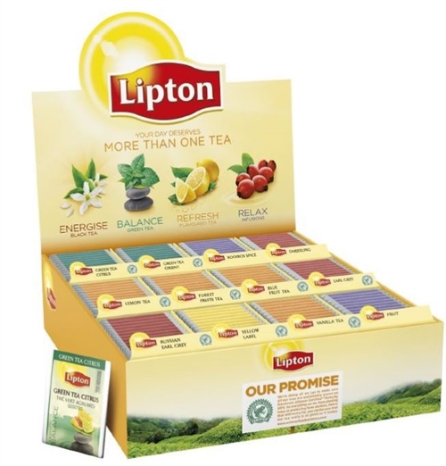 Lipton brevte, sortiment sæt med 180 stk. Ingredienser: Kericho Estate, Rosehip Raspberry, Green Tea Orient, Rooibos Spice, Darj