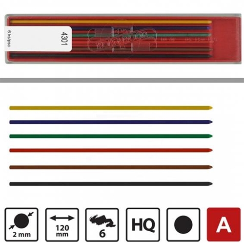 Bly 2 mm miner Koh-i-noor farvet,  6 pr. etui, assorteret