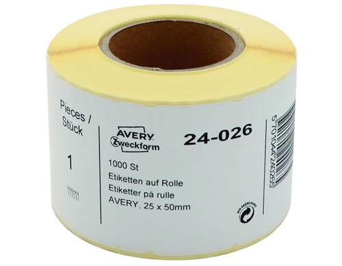 Avery Universaletiketter på rulle 25x50 mm Hvid 