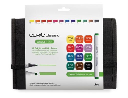 COPIC marker sæt med 12 stk. i Canvas mappe