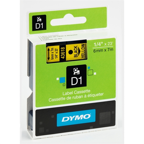 Dymo D1 Labeltape -  6mm x 7m - sort på klar el. sort på gul