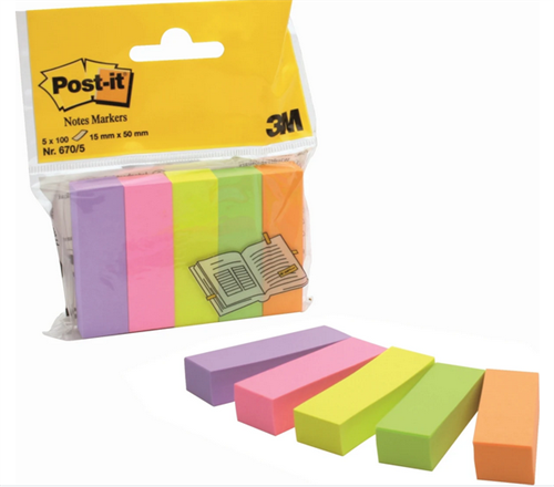 Post-it Notes Markers - Neon farver, 15mm x 50mm, 5 blokke a\' 100 blade